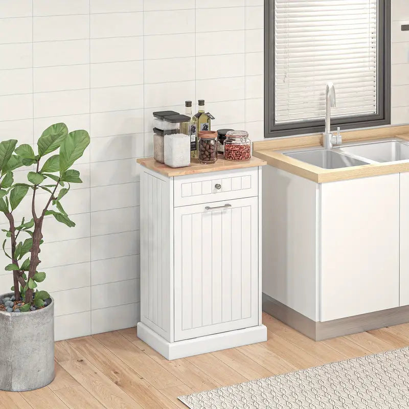 White Free-Standing Kitchen Trash Bin Cabinet with Drawer & Recycling Holder